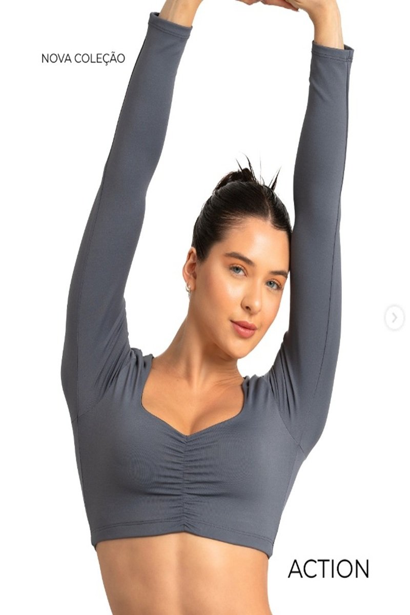 Cropped Manga Longa Feminino Action Power Busto Franzido Chumbo